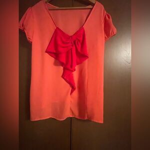 New York & Company Asymmetrical Tie Front Short Sleeve Blouse in Orange and Pink